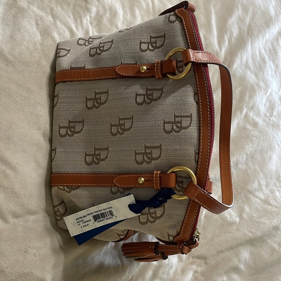 Dooney & Bourke Front Pocket Satchel Signature Canvas Leather trim handles - Picture 3 of 15